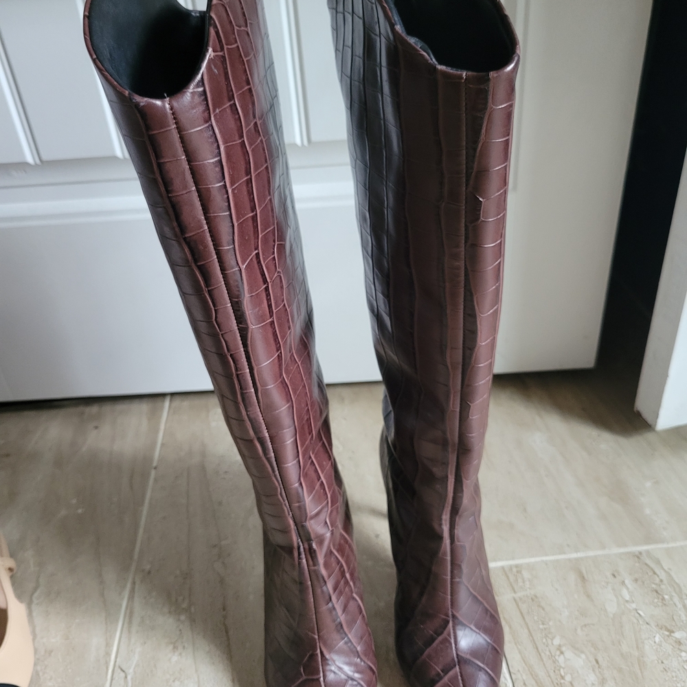 SCHUTZ Brown Croc-Embossed Over the Knee Boots